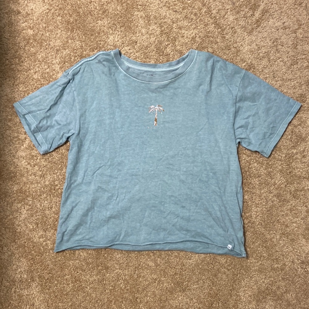 Light Blue Aqua O’Neill Surf Slightly Cropped Tee with Printed Palm Tree